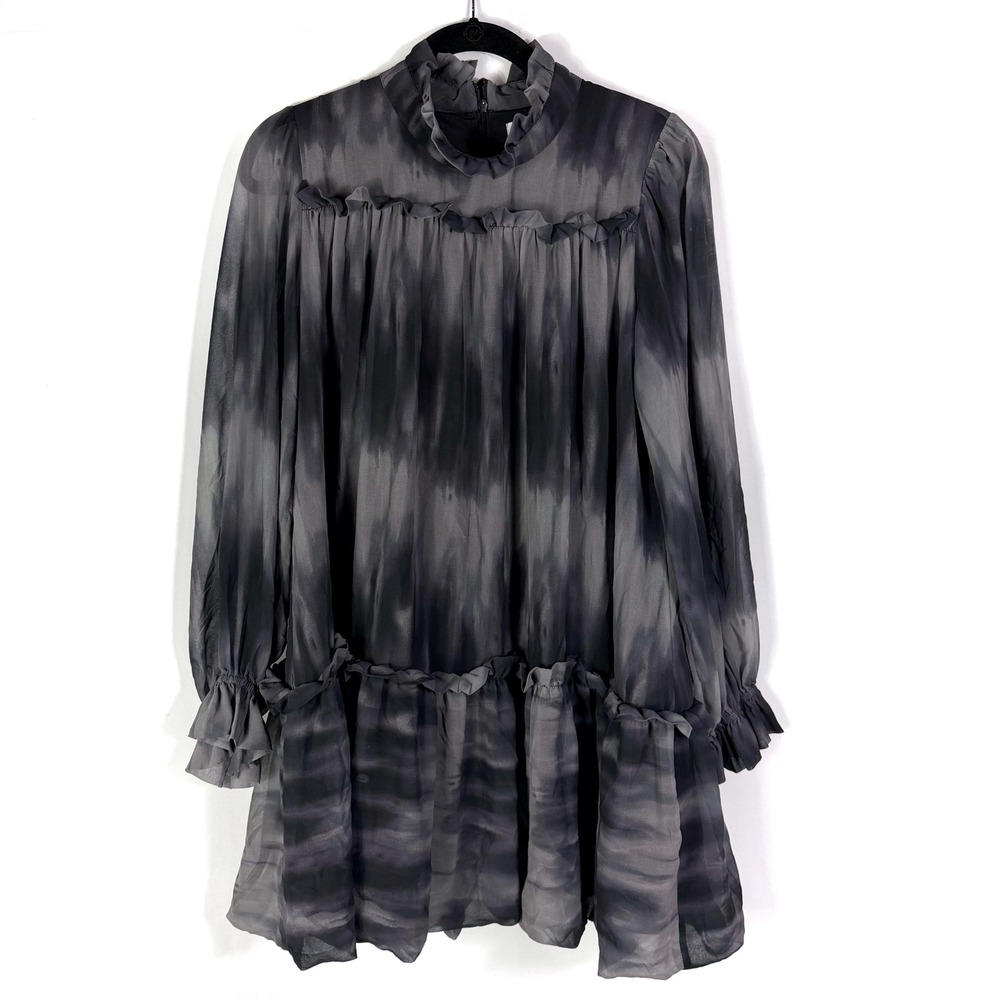 TOCCIN Babydoll Tie Dye Dress Black Gray Mini‎ Ruffle High Neck Long Sleeve Sz 6